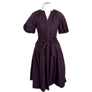 Free Assembly Cotton Puff Sleeve Midi Shirt Dress Size M Chocolate Brown Pockets